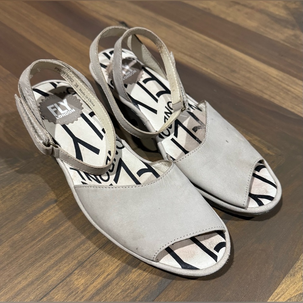 Fly London Sandals Womens 38 Pato976fly Ankle Strap Gray Peep Toe Wedge Heels